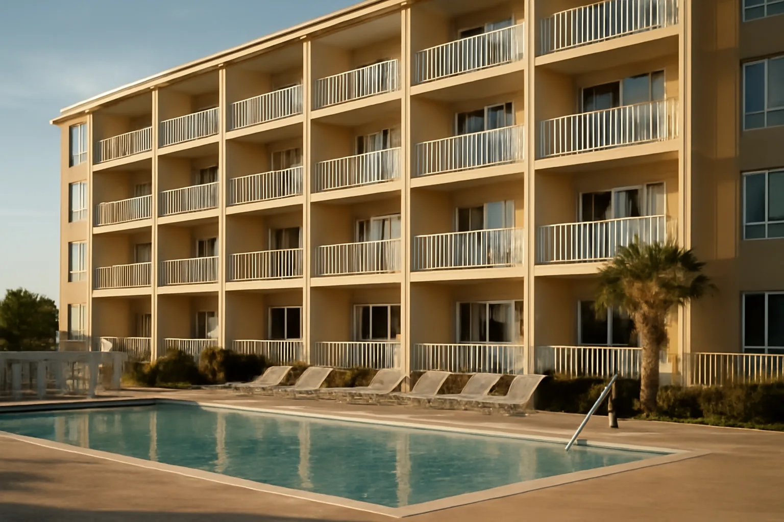 Florida mid-rise condominium building exterior with balconies and pool deck
