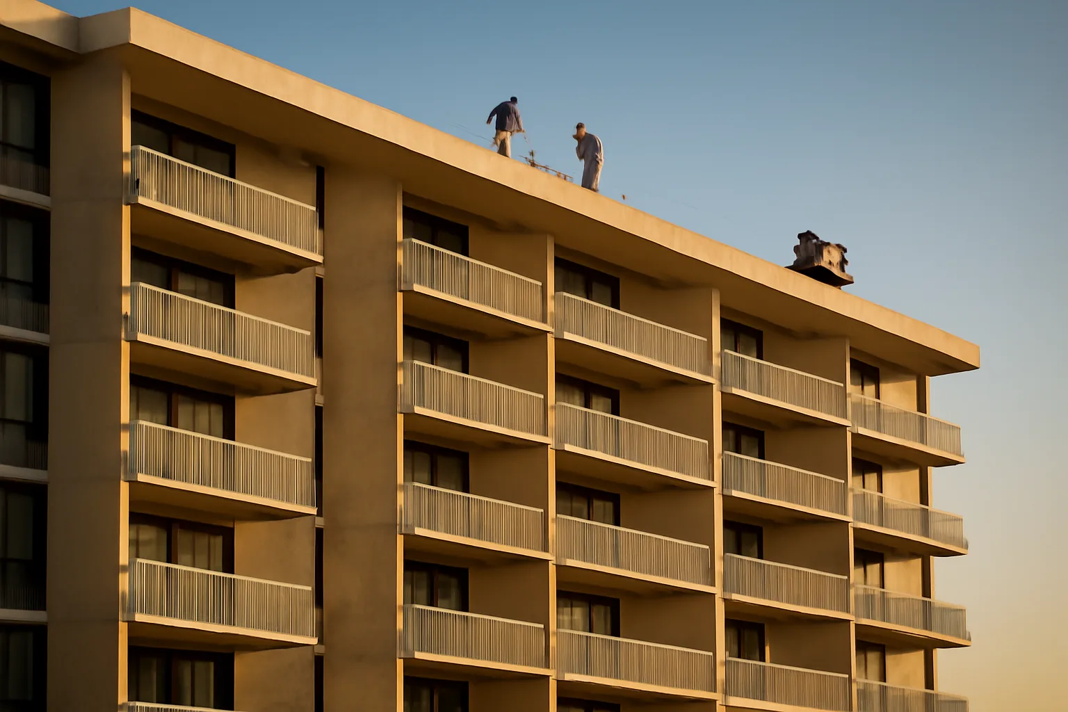 Maintenance crew inspecting multi-story Florida condo building roof and facade