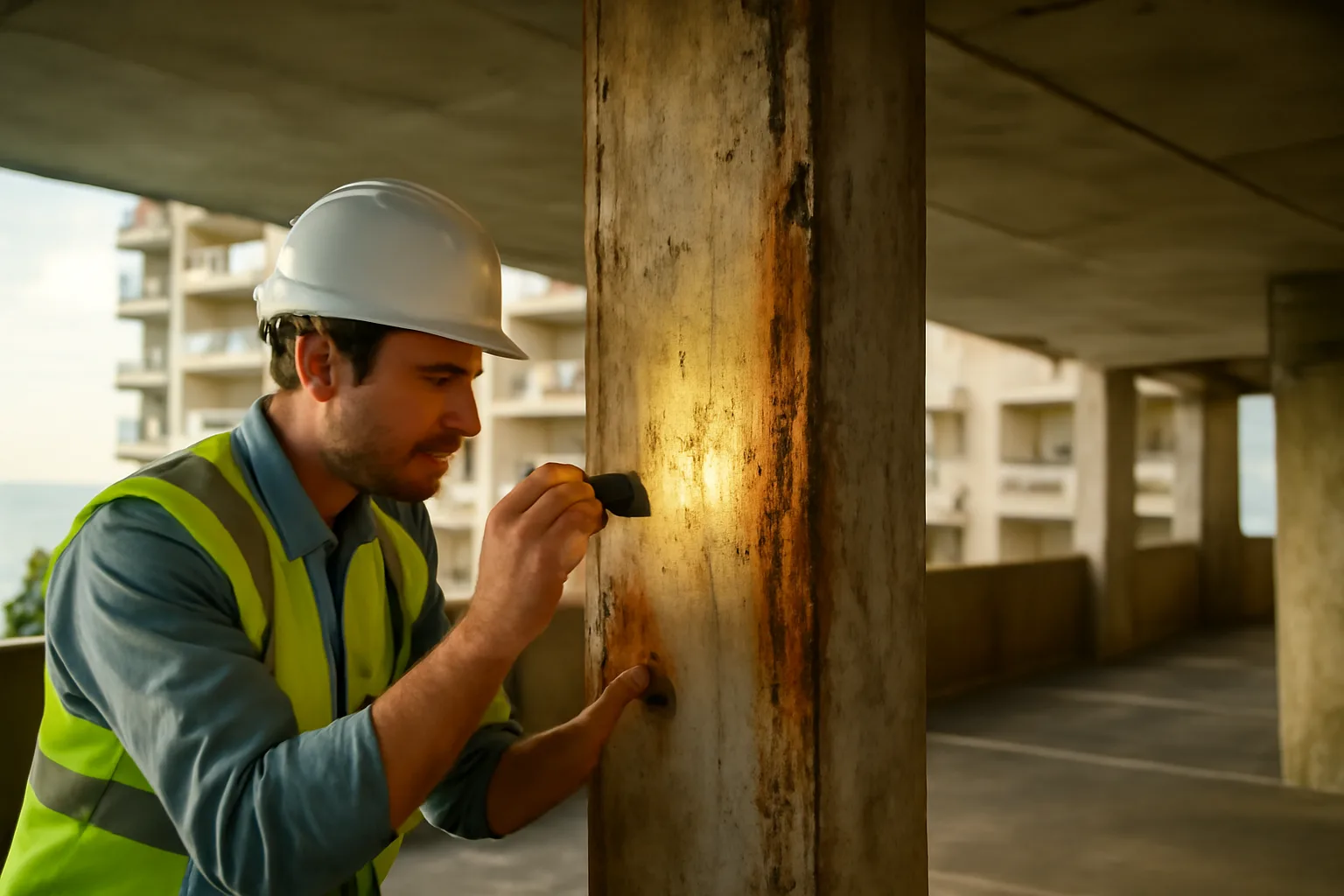 Engineer inspecting a concrete support column for condominium reserve requirements assessment