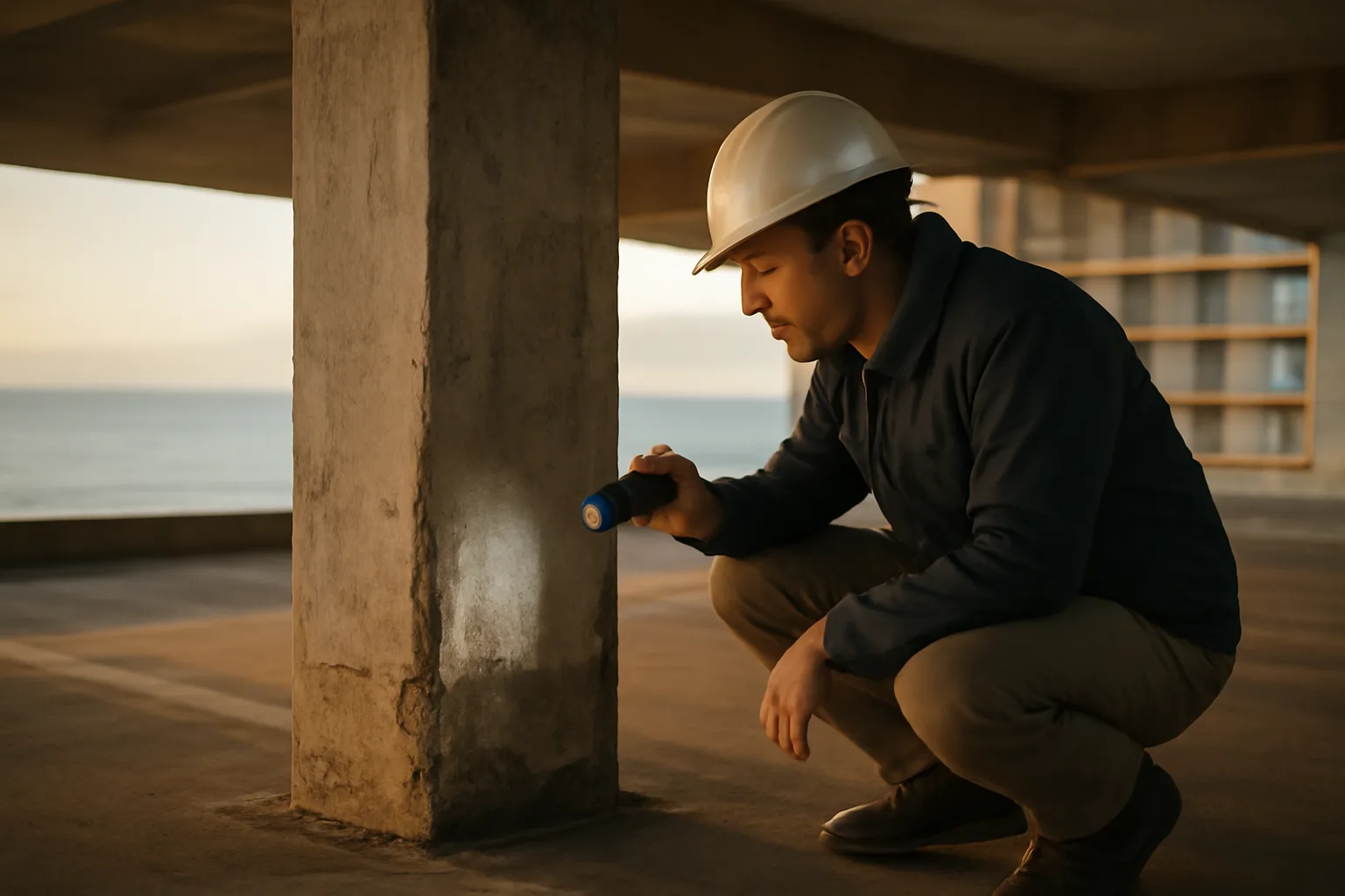 Engineer inspecting a concrete support column as part of a condominium reserve study