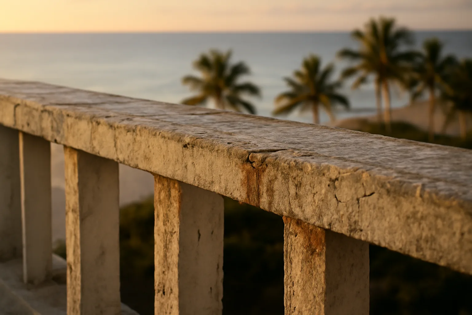 Cracked concrete balcony on a Florida beachfront condo building at sunset