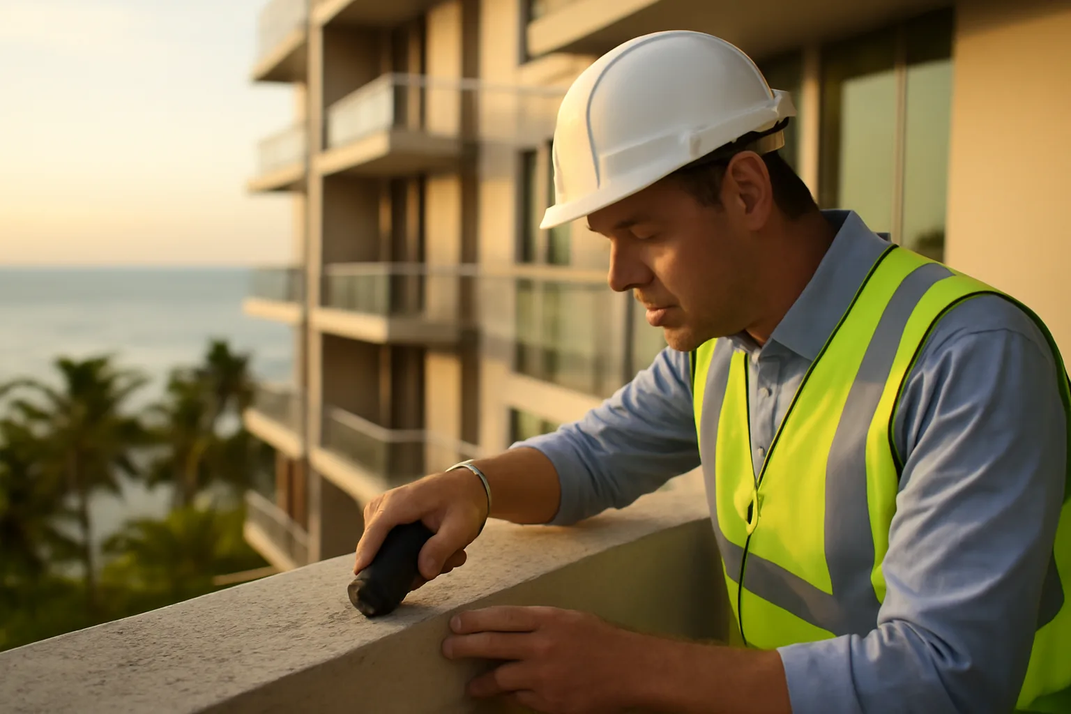 Engineer inspecting a Miami condo balcony as part of a structural reserve study