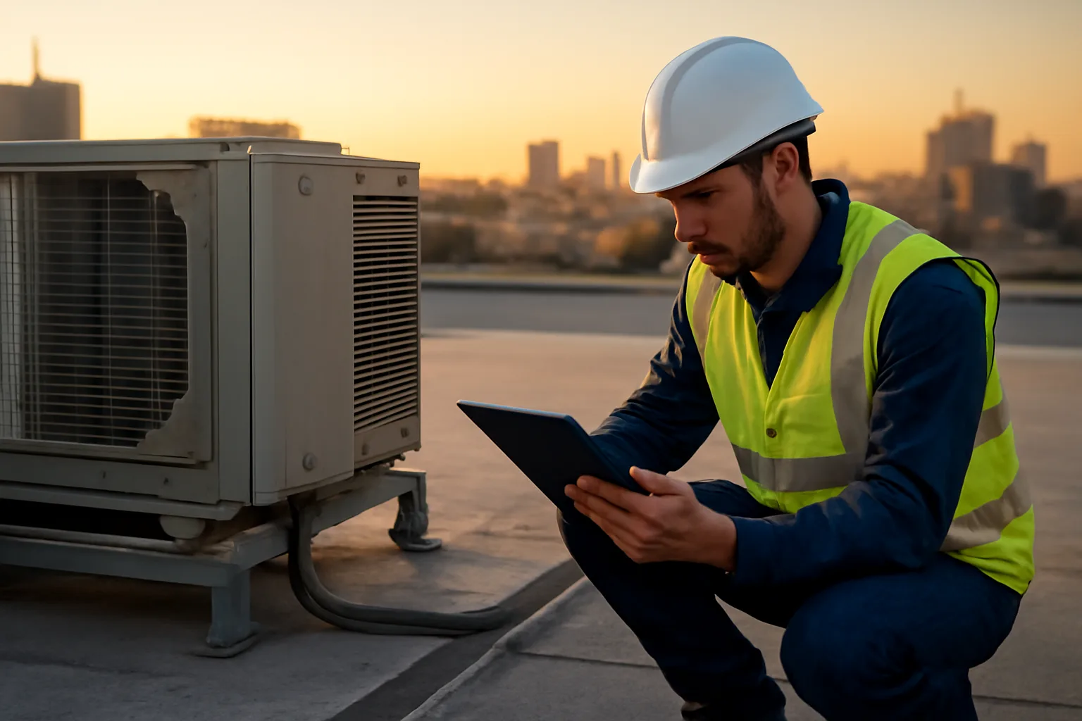 Inspector examining rooftop mechanical equipment during a condo reserve study inspection