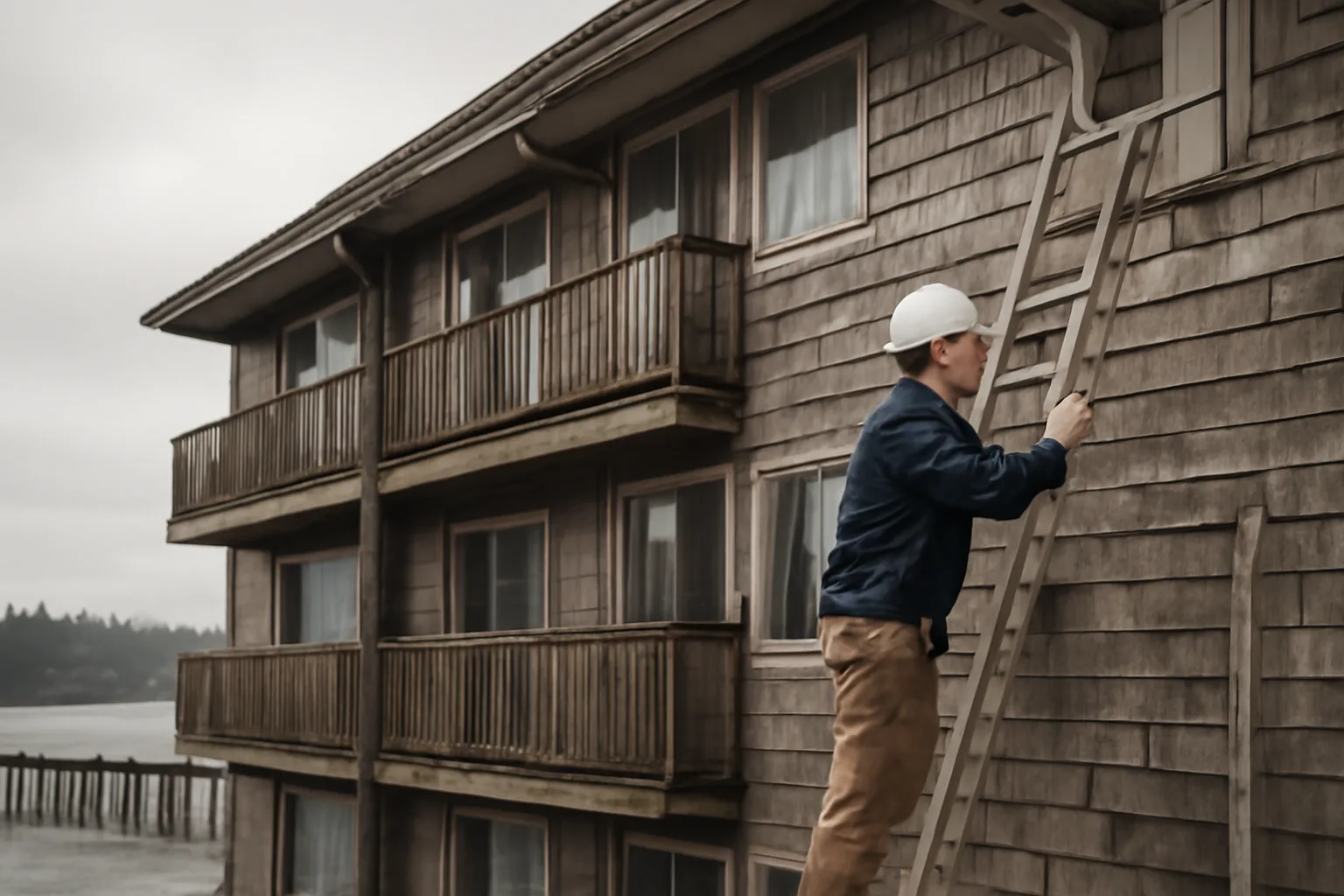 Inspector examining exterior siding on a Des Moines WA condo building during a reserve study