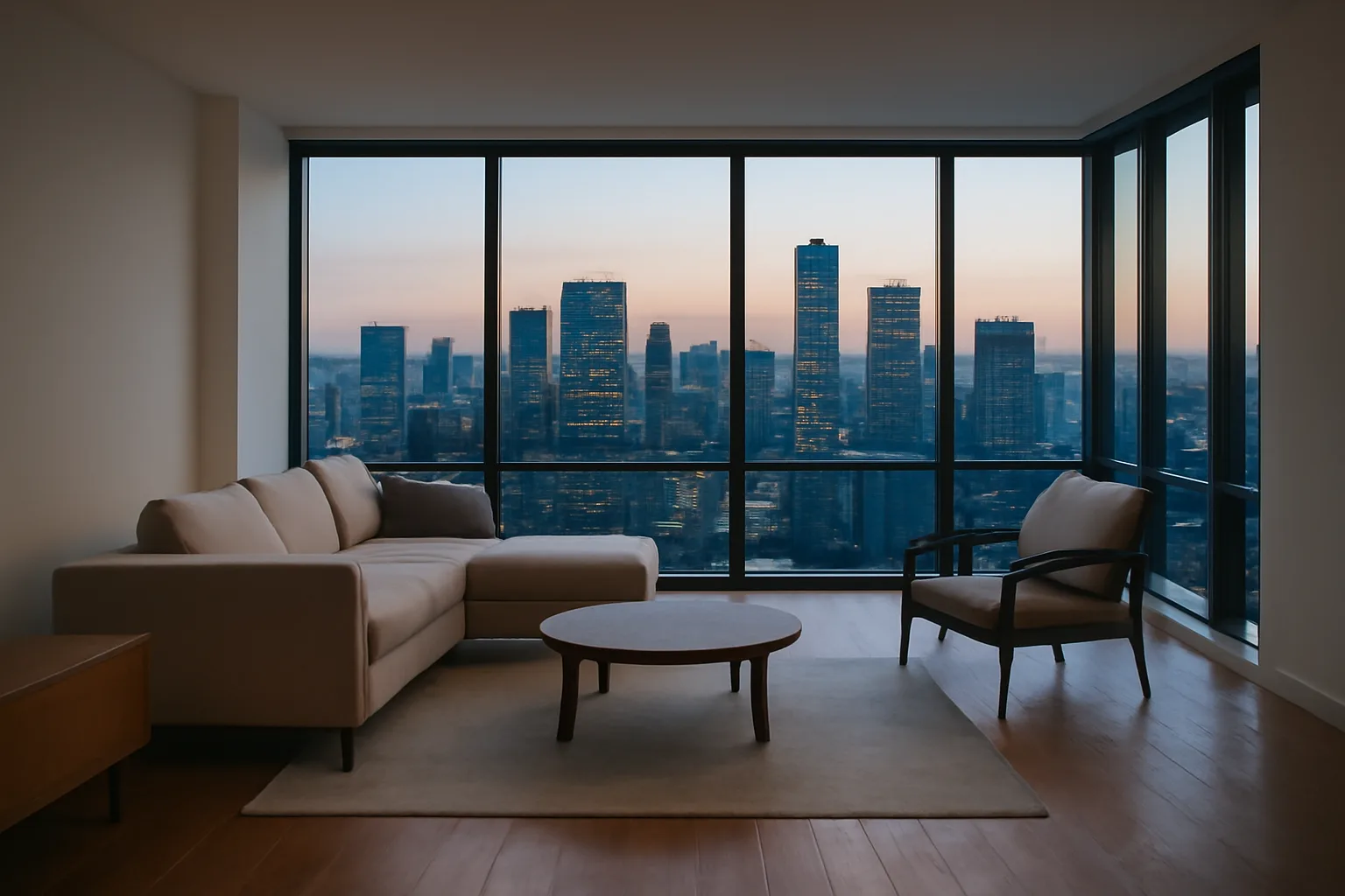 Condo unit interior with city view at dusk, illustrating HO-6 insurance coverage area