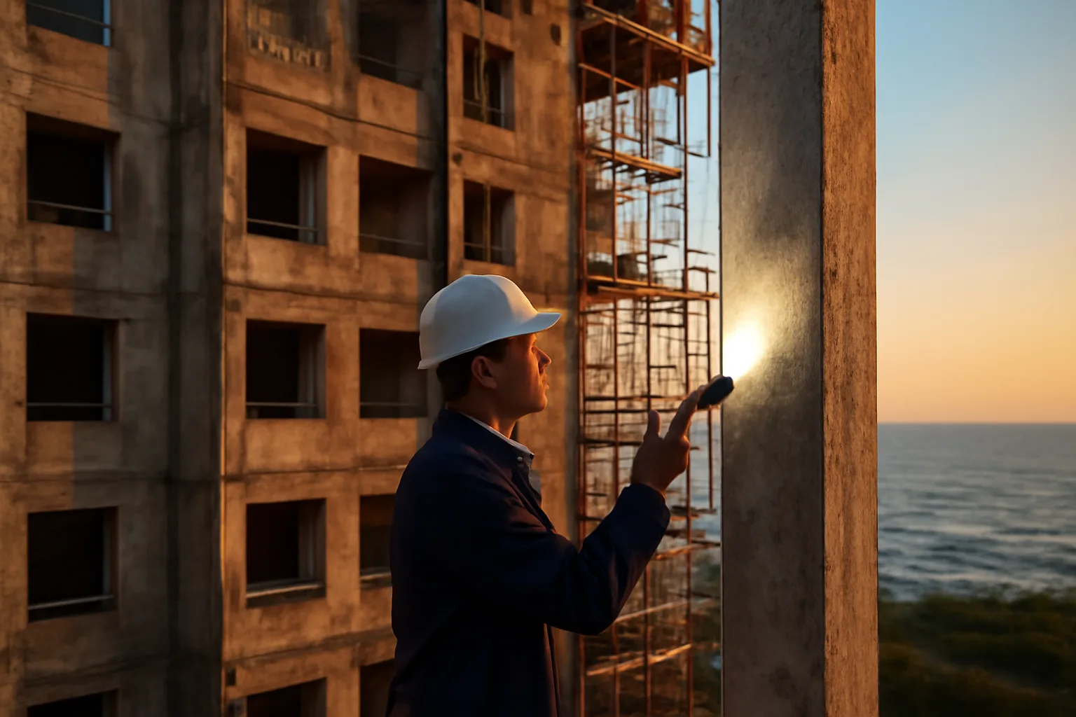 Engineer inspecting concrete support column on a Florida coastal condo building facade