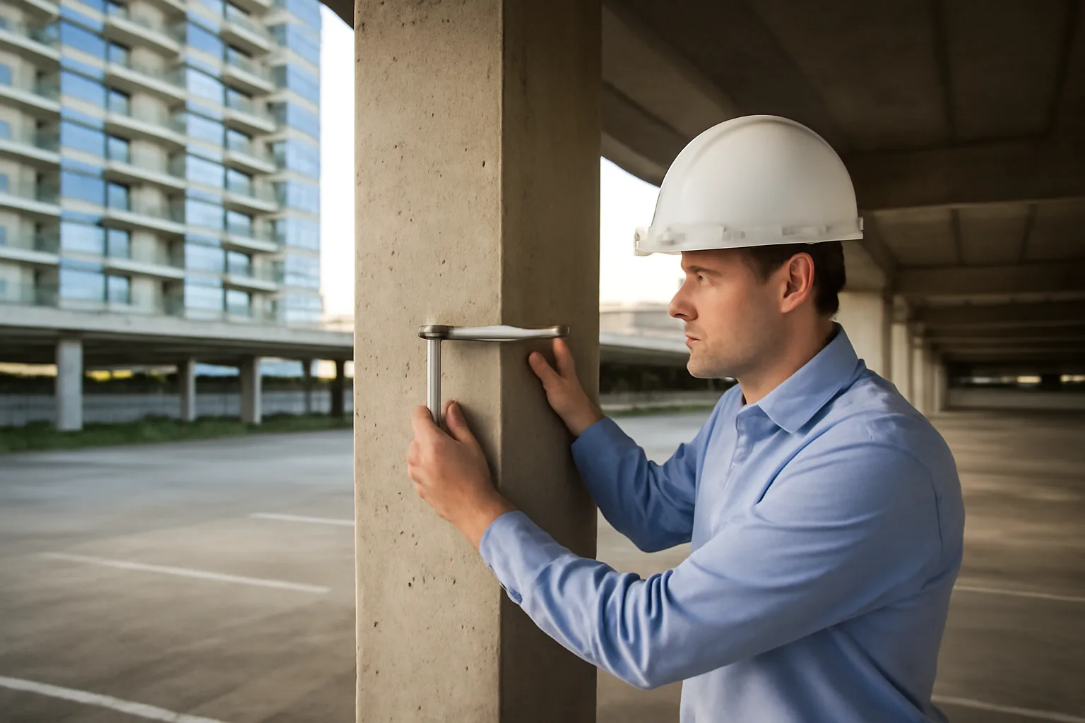 Engineer inspecting a concrete structural column beneath a Florida coastal condo building