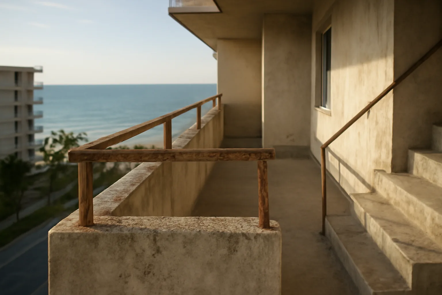 Salt-corroded balcony railing on a coastal Florida condo building at dusk
