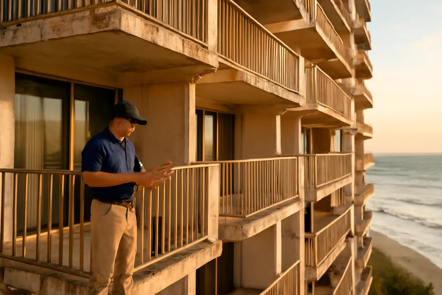 Florida beachfront condo tower exterior showing balconies during a structural inspection at sunset