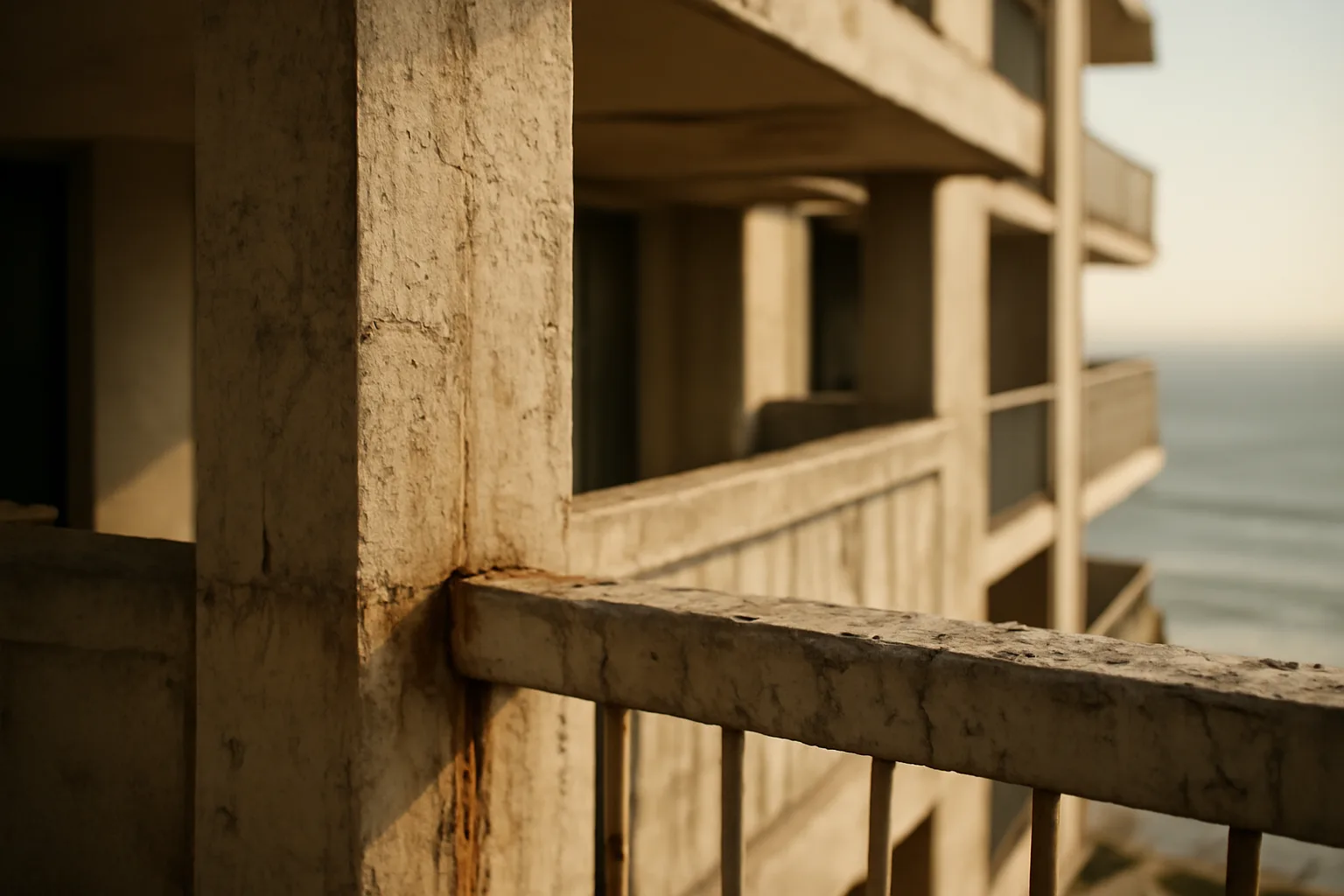 Aging concrete balcony structure on a Florida coastal condo building showing wear