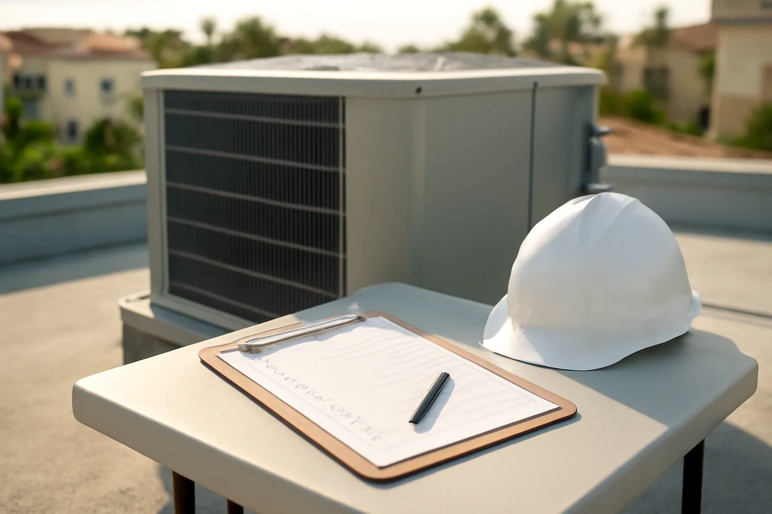 Inspector's checklist and hard hat on a Florida condo rooftop during a reserve study