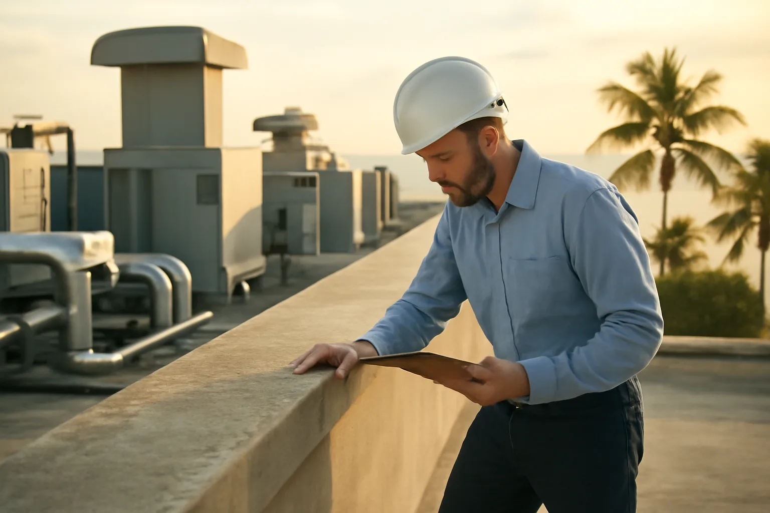 Engineer inspecting rooftop concrete on a Florida condo building during a reserve study