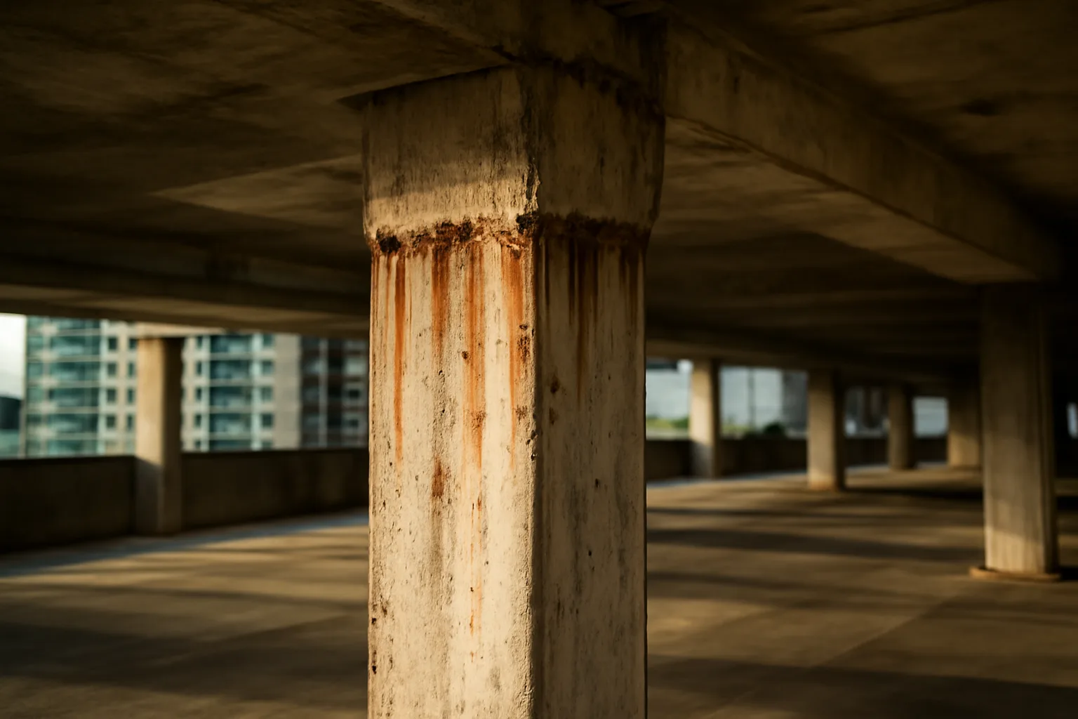 Concrete support column showing corrosion staining under a Florida condo building