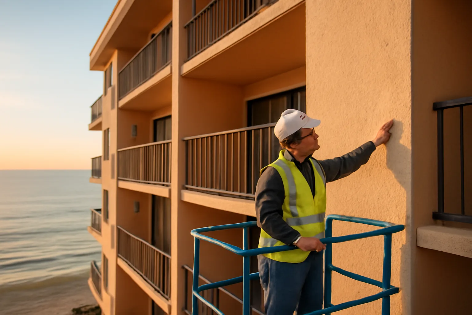 Engineer inspecting a Florida condo building exterior for a structural integrity reserve study