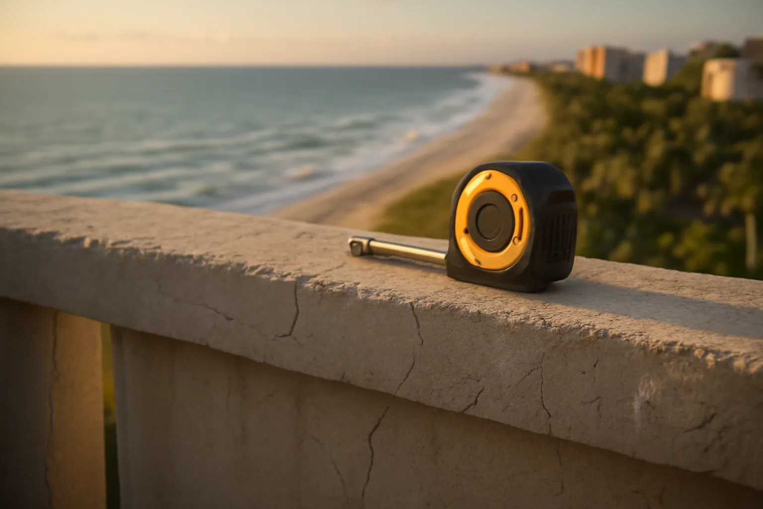 Engineer's measuring tape on a cracked condo balcony ledge overlooking the Florida coast
