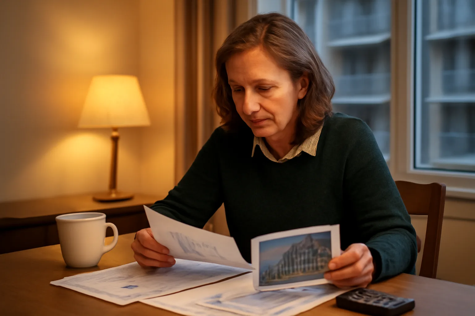 Board member reviewing HOA reserve forecasting charts at a table with a calculator