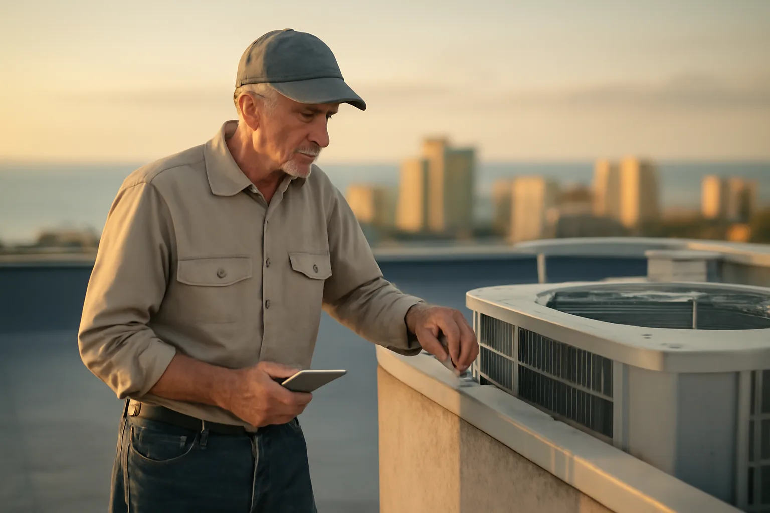 Engineer inspecting condo rooftop components for a reserve fund study at sunset