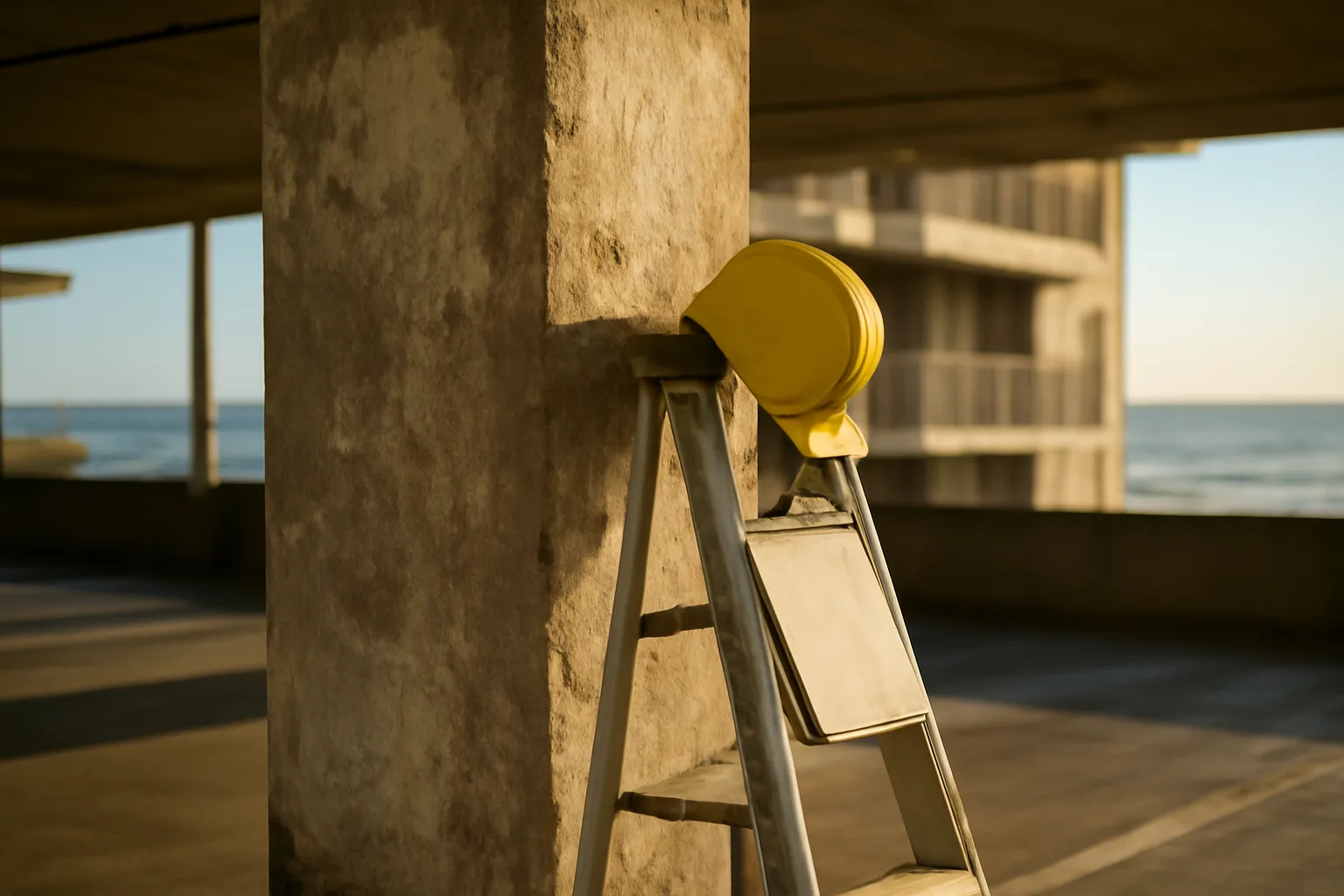 Engineer's ladder and hard hat near a condo building column during a reserve study inspection
