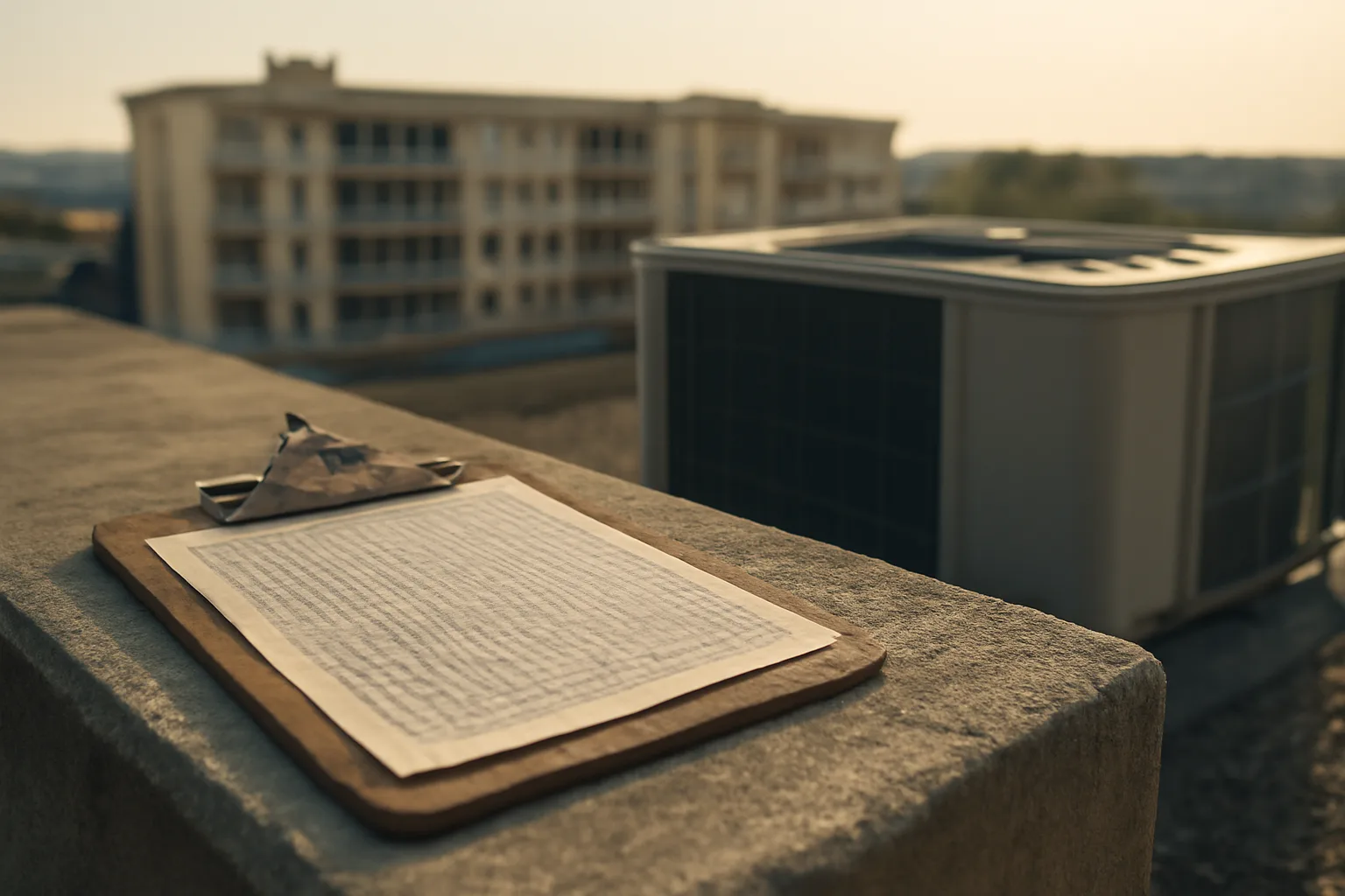 Rooftop inspection scene representing HOA reserves calculation for building components