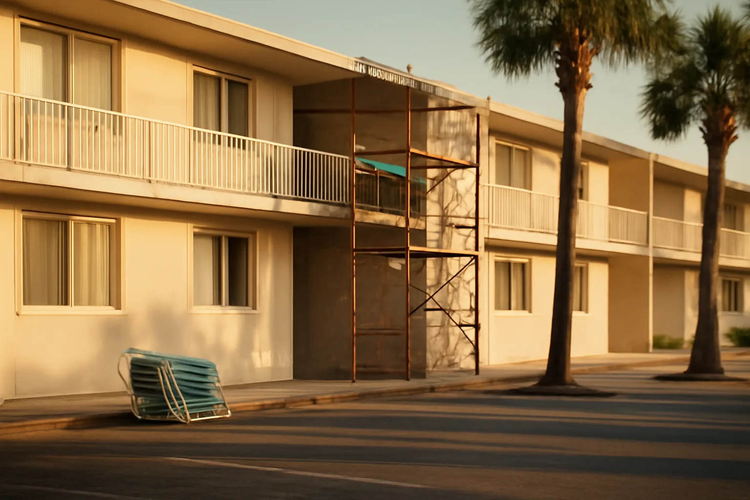 Coastal Florida condo building with scaffolding during structural assessment repair work