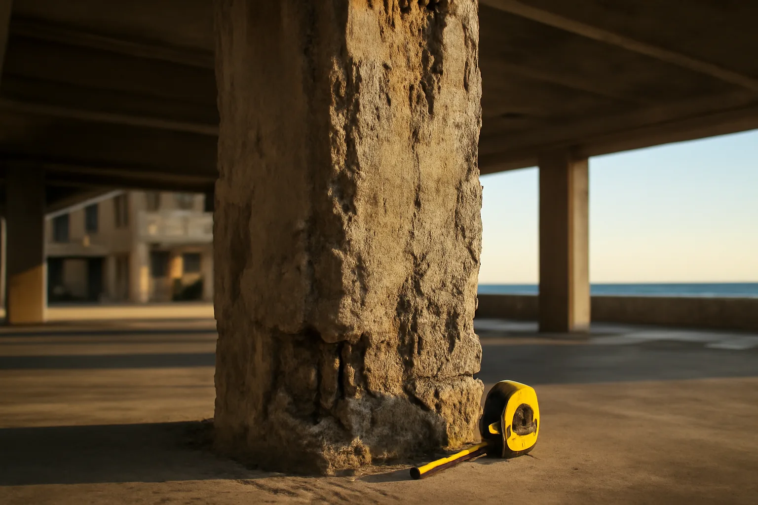 Concrete support column showing structural wear beneath a Florida condo building