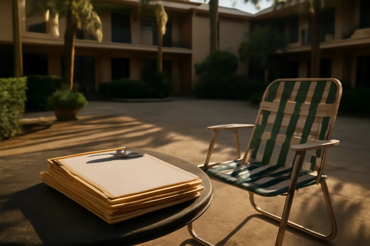 Outdoor courtyard table with folders and clipboard representing HOA assessment collection paperwork