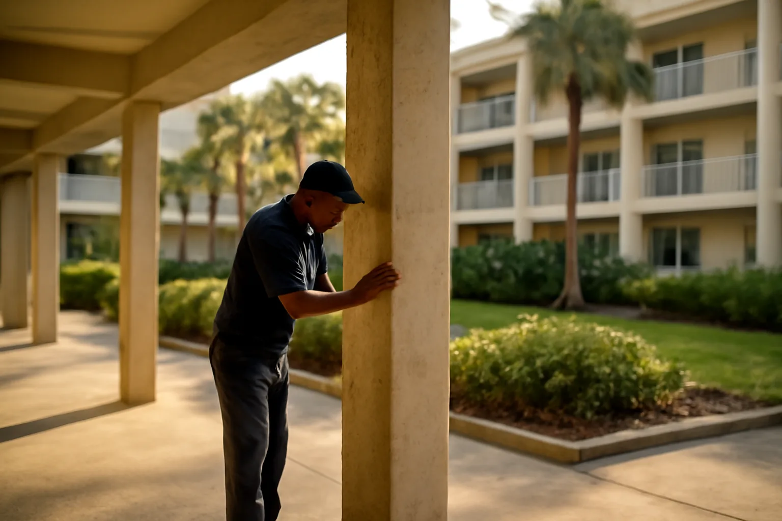 Maintenance worker inspecting a concrete column at a Florida condo tied to HOA assessments