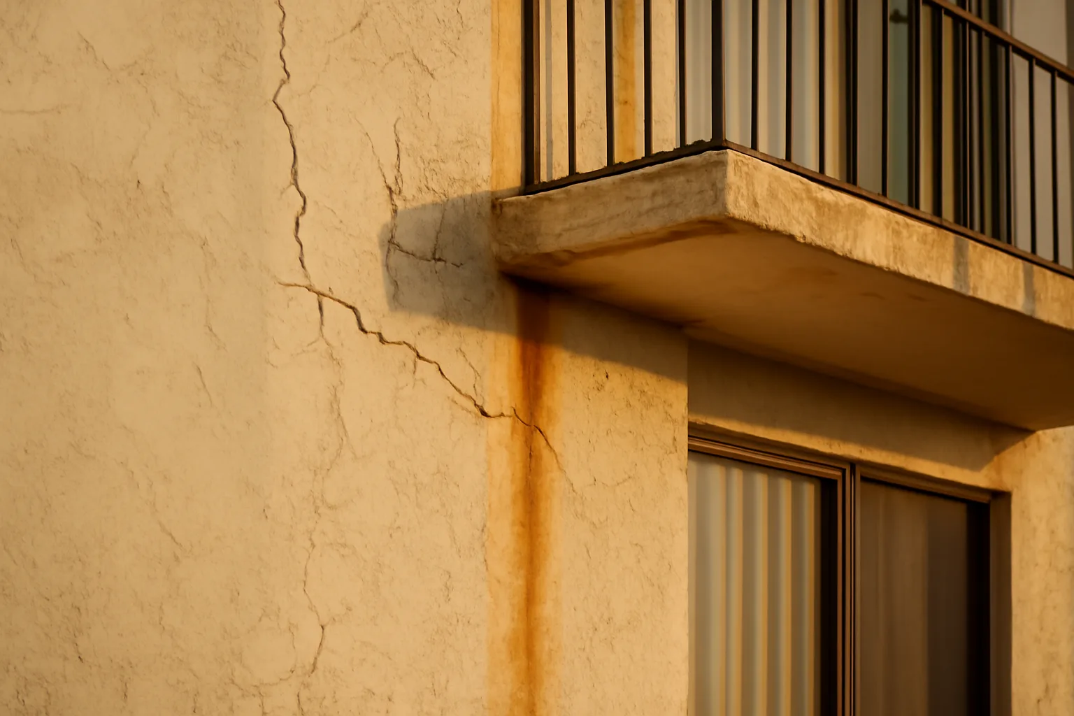 Close-up of aging concrete and stucco on a Florida condo building exterior needing reserve fund repairs