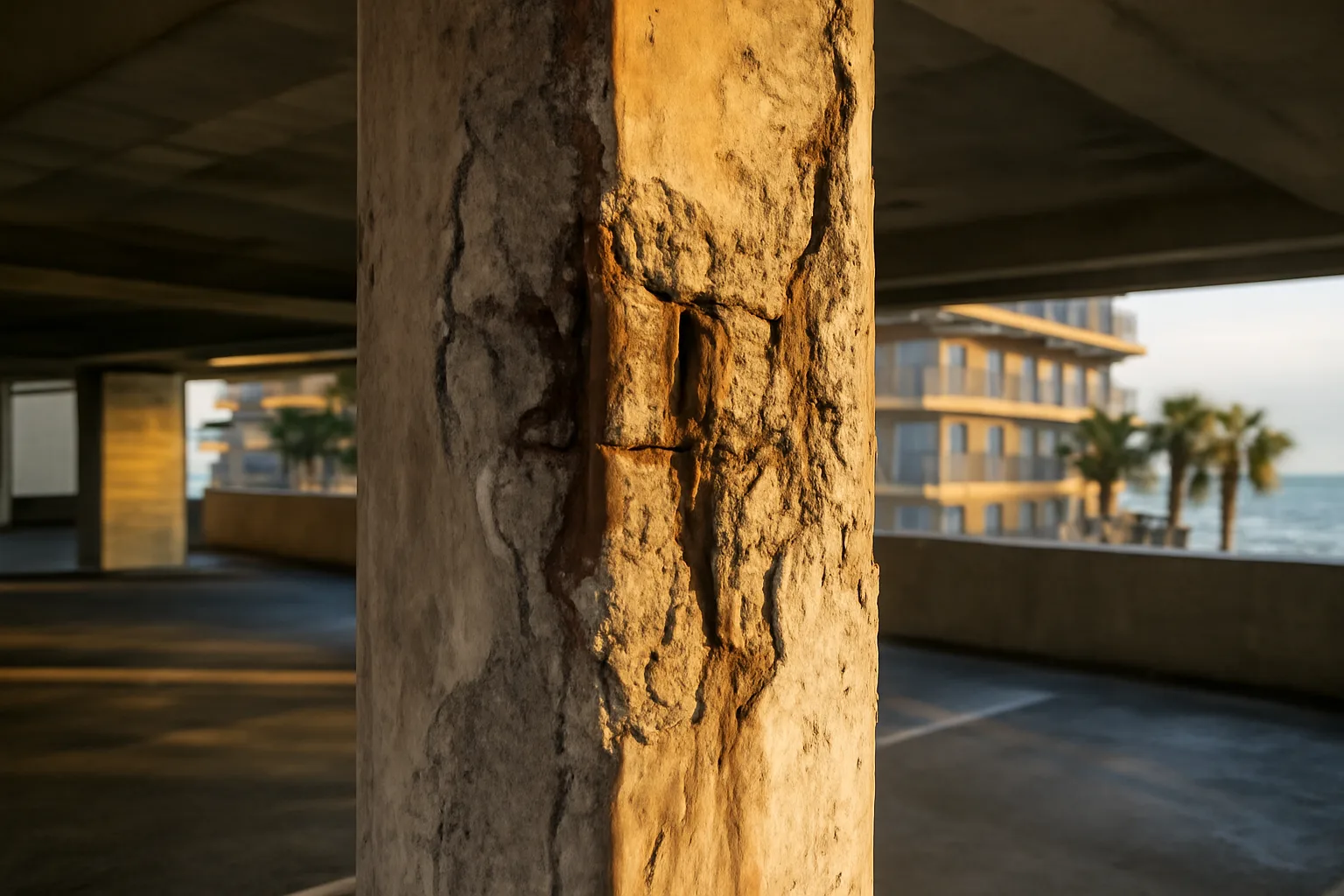 Weathered concrete support column showing structural wear at a Florida condo building