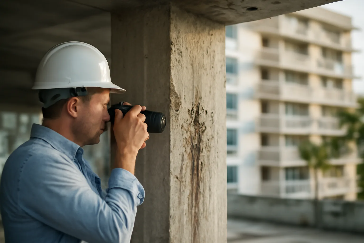 Engineer inspecting a concrete support column as part of a Florida reserve study