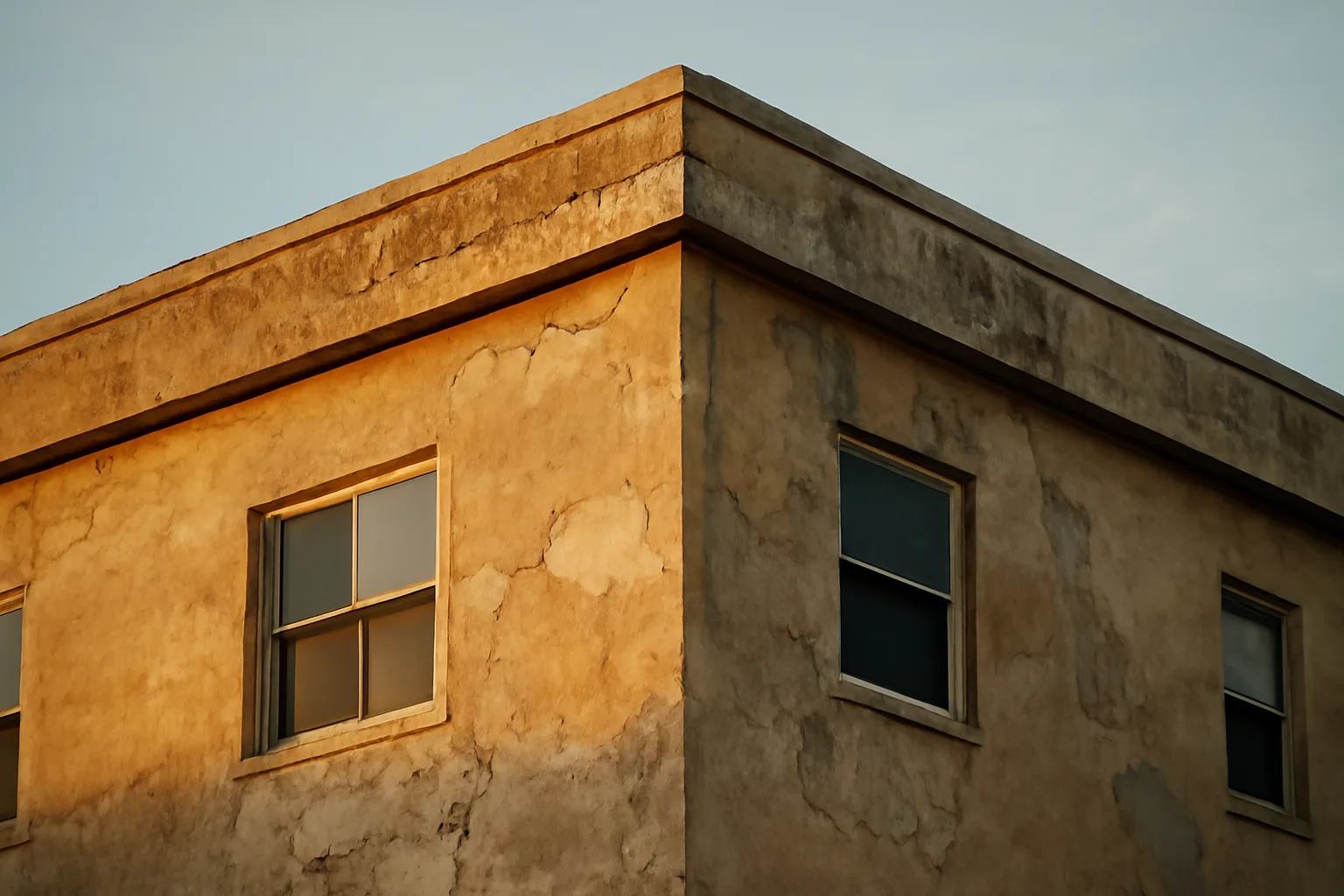 Aging condo rooftop and stucco wall illustrating how much an HOA should have in reserve