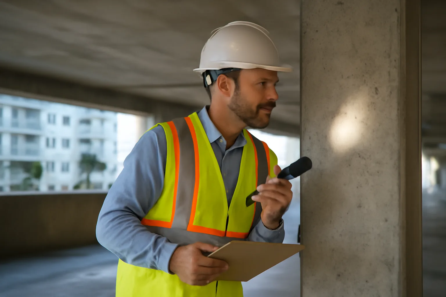 Engineer inspecting concrete structural column during a Florida condo reserve study site visit
