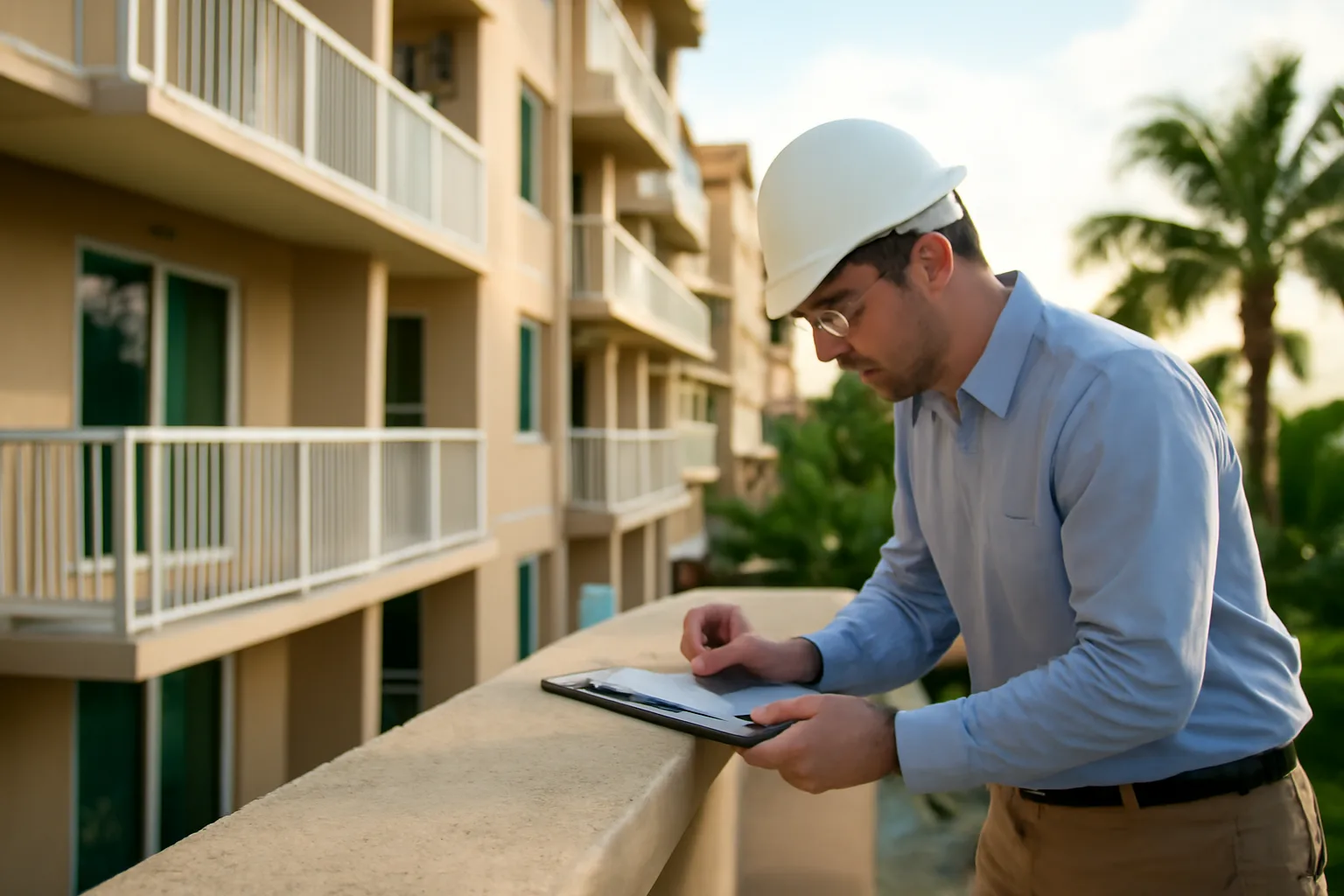 Engineer inspecting a Doral condo building balcony during a structural integrity reserve study