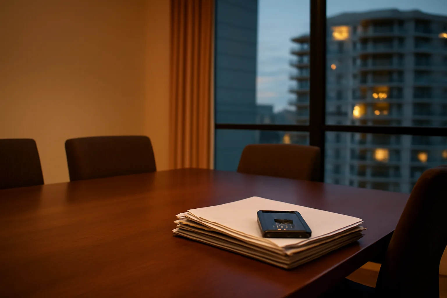 Condo board meeting table with documents, overlooking Miami high-rise balconies at dusk