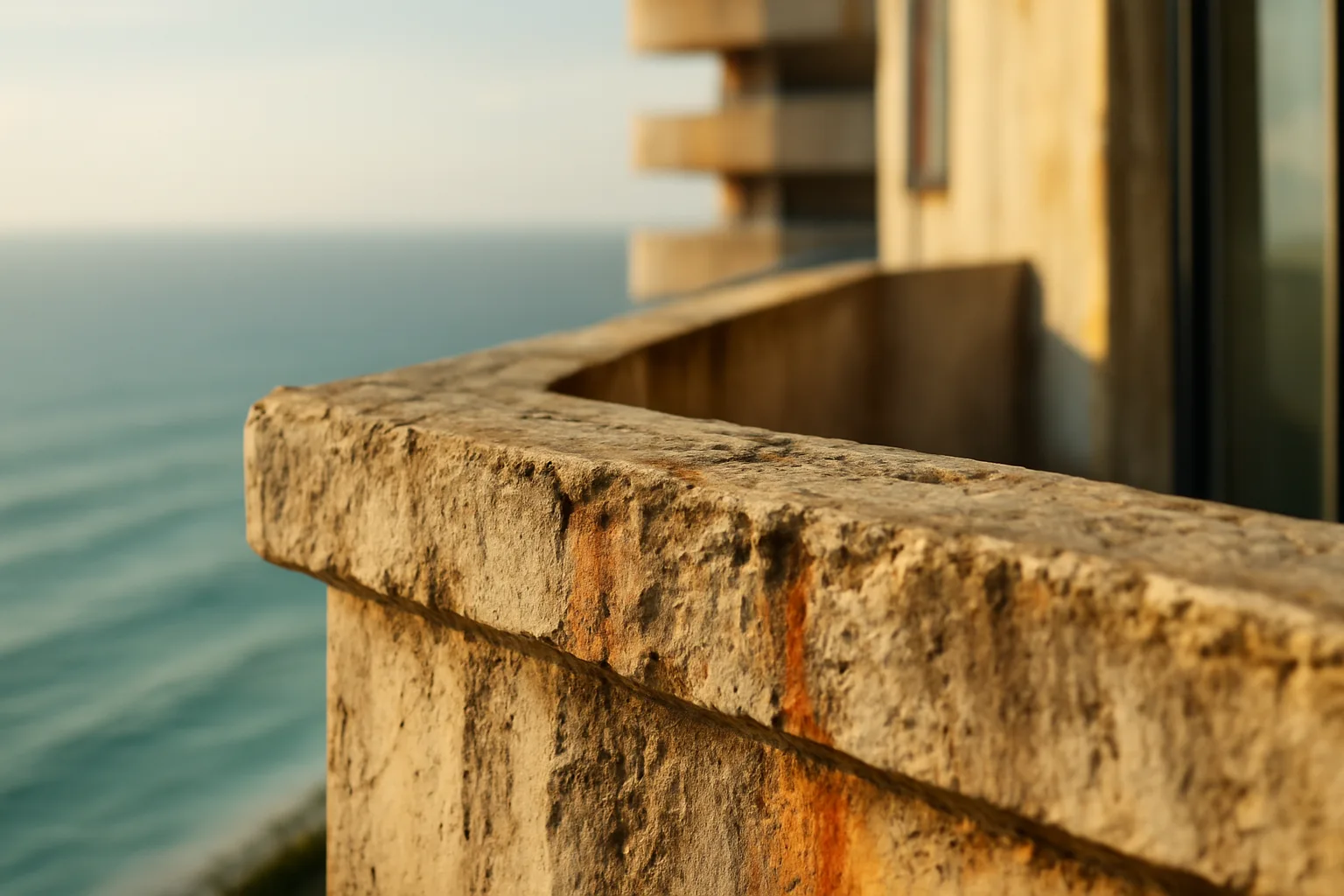 Weathered concrete balcony showing structural wear on a Miami coastal condo building