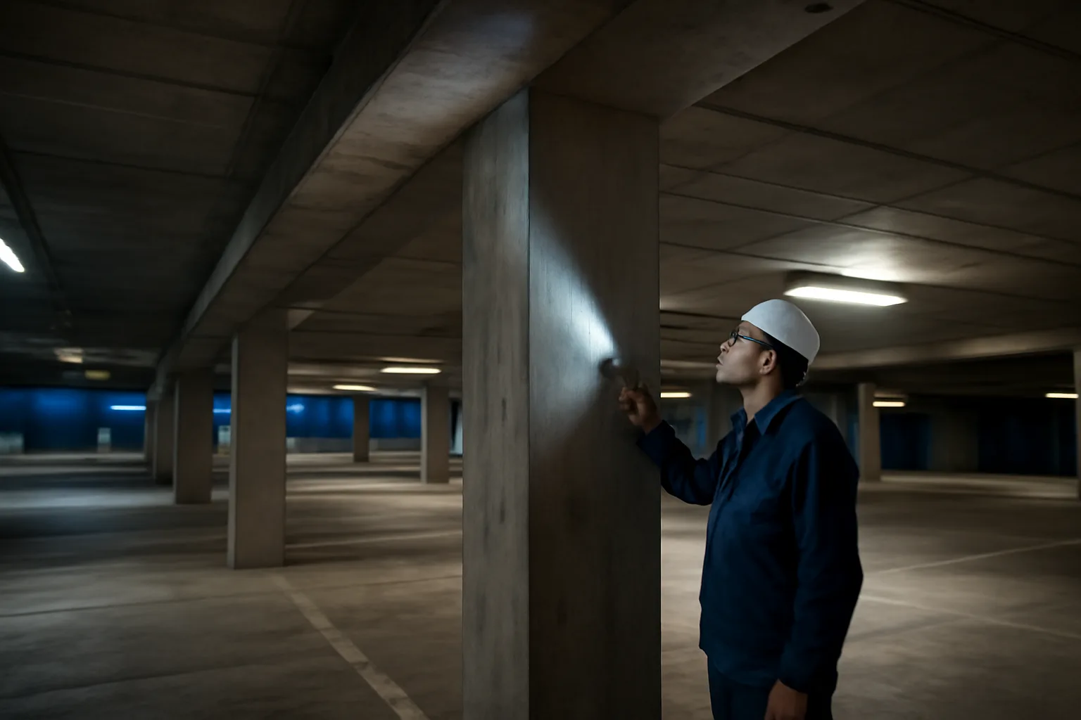 Building inspector examining concrete support columns in a condo parking garage
