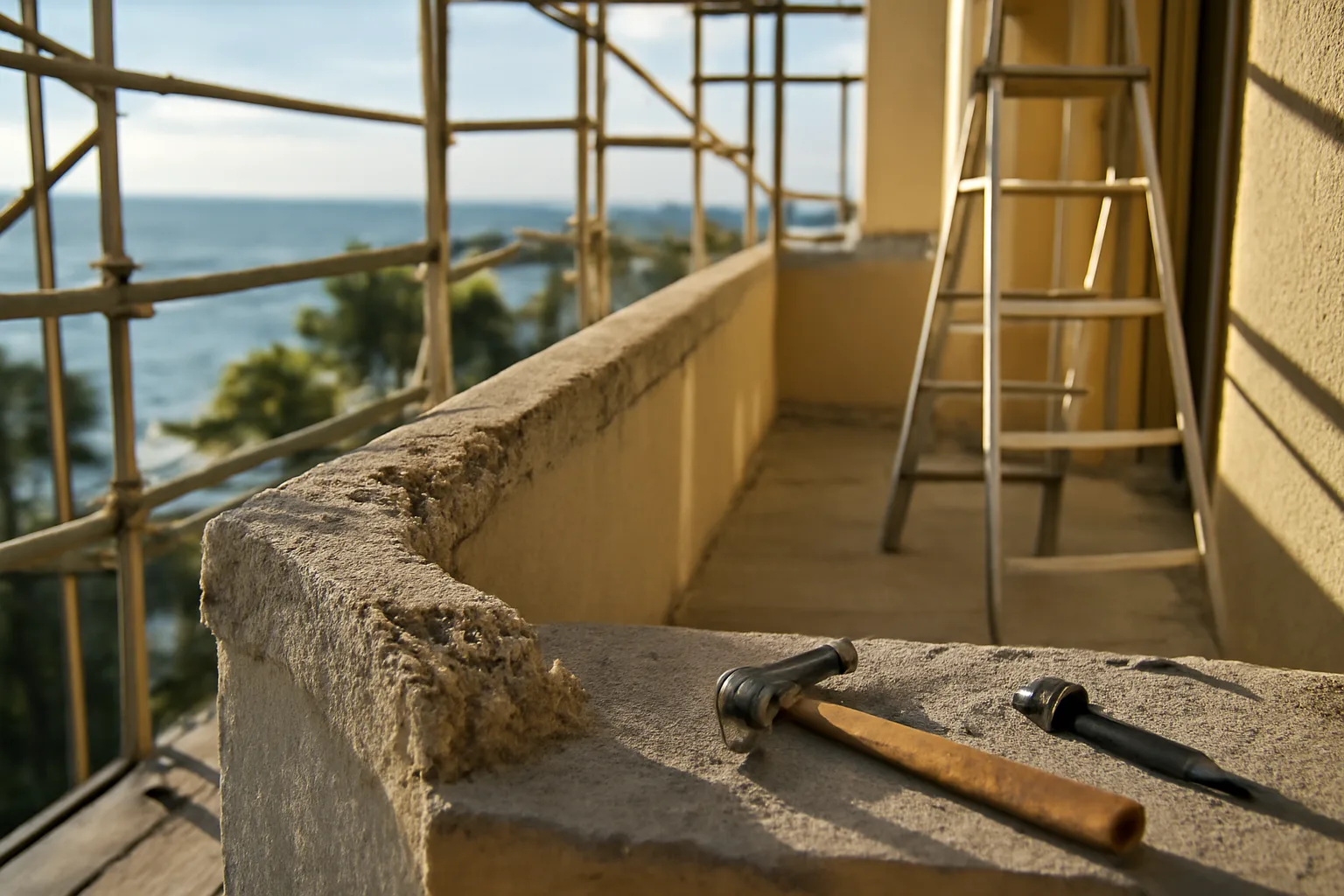Scaffolding and repair tools on a coastal Florida condo balcony undergoing structural work