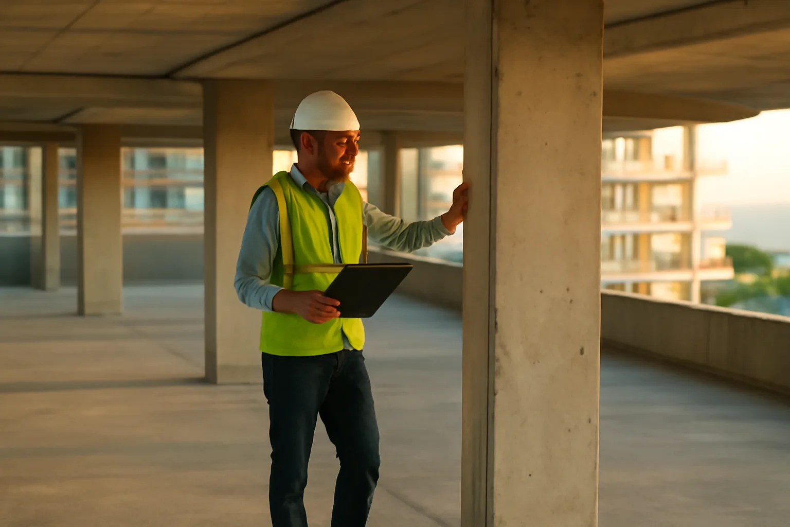engineer inspecting concrete structural column during a reserve analysis site visit