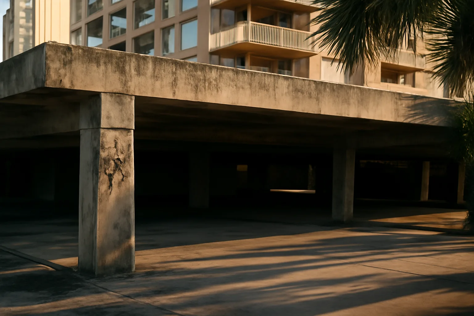 Coastal condo parking garage showing structural repair, illustrating HOA reserve fund needs