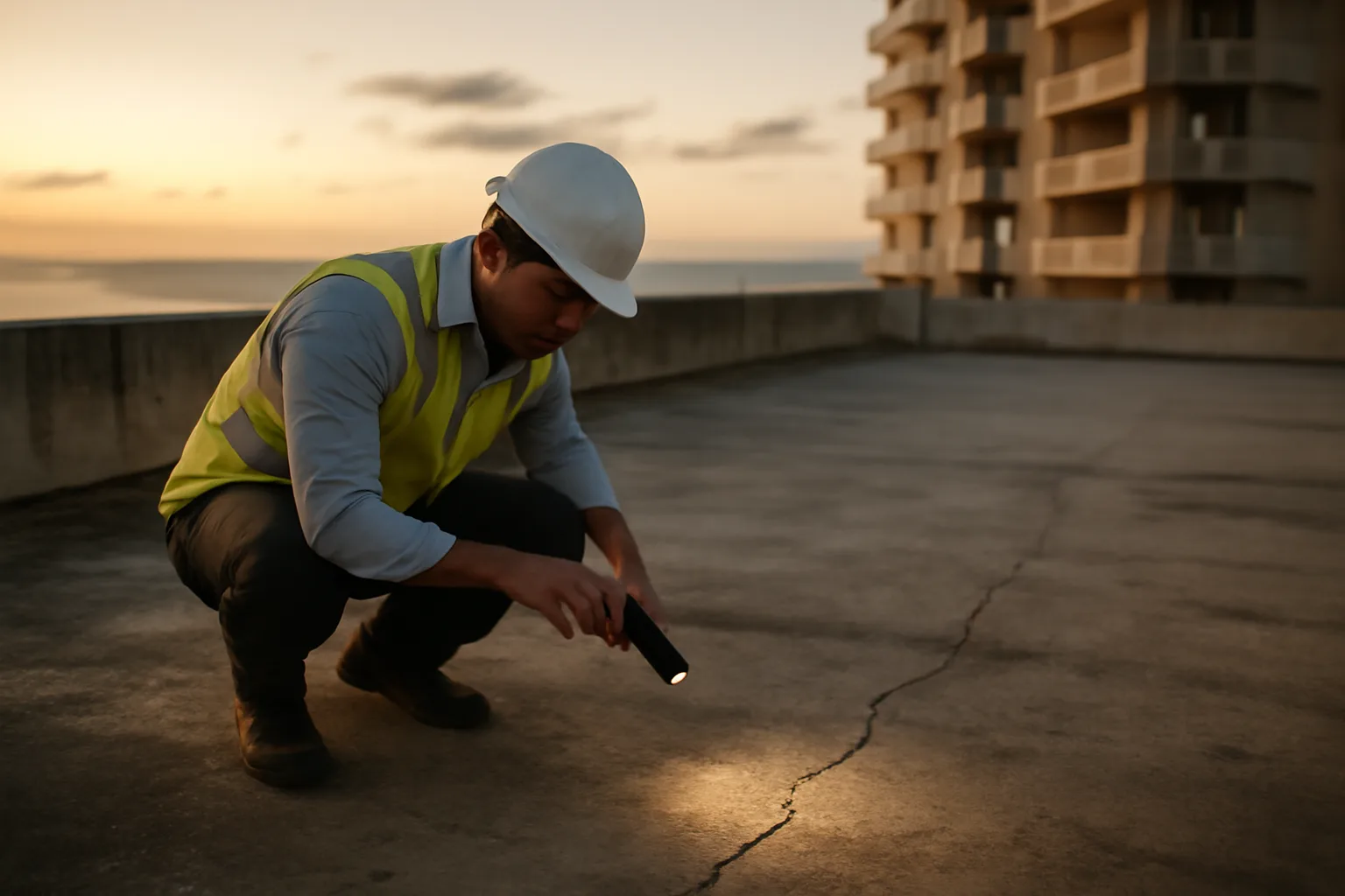 Engineer inspecting concrete cracks during a Florida condo reserve fund study
