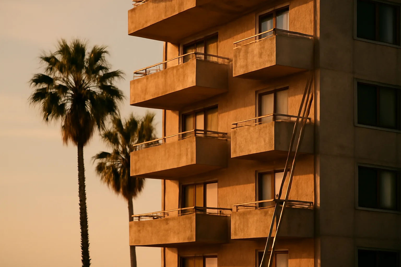 Coastal Florida condo building exterior showing aging concrete balconies at sunset