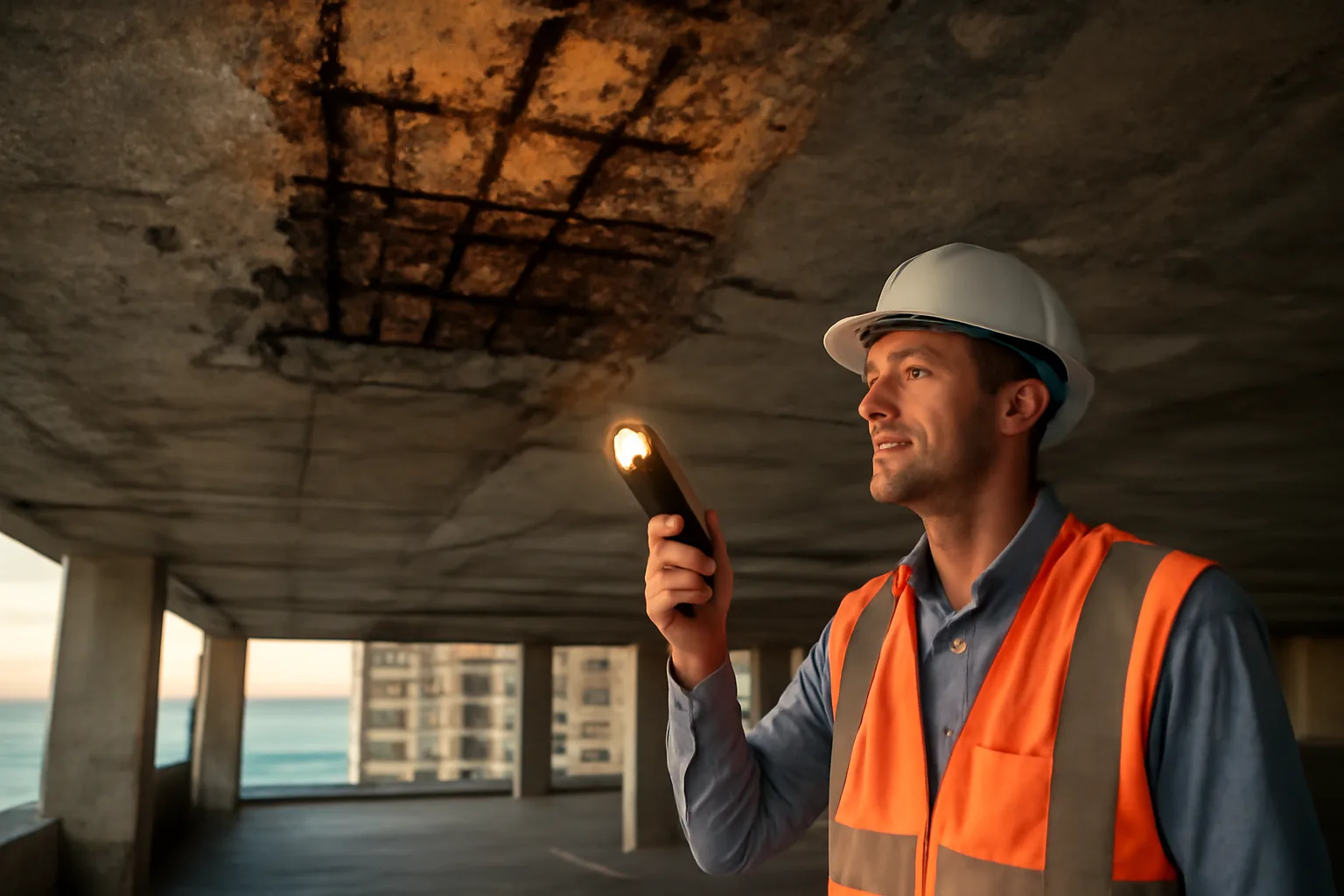 Engineer inspecting concrete and rebar during a condo reserve study site visit