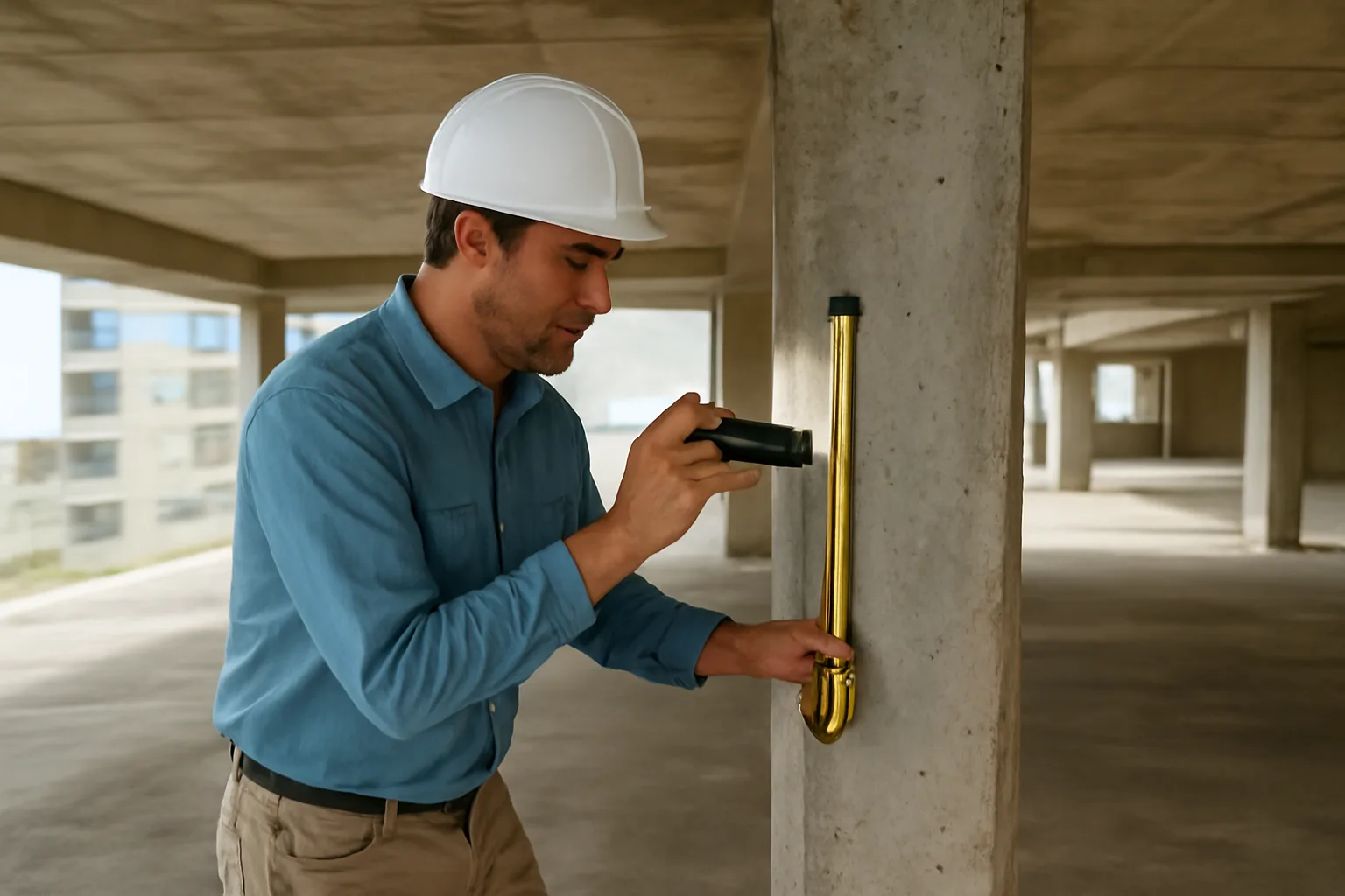 Engineer inspecting a concrete column during a condominium reserve study structural review
