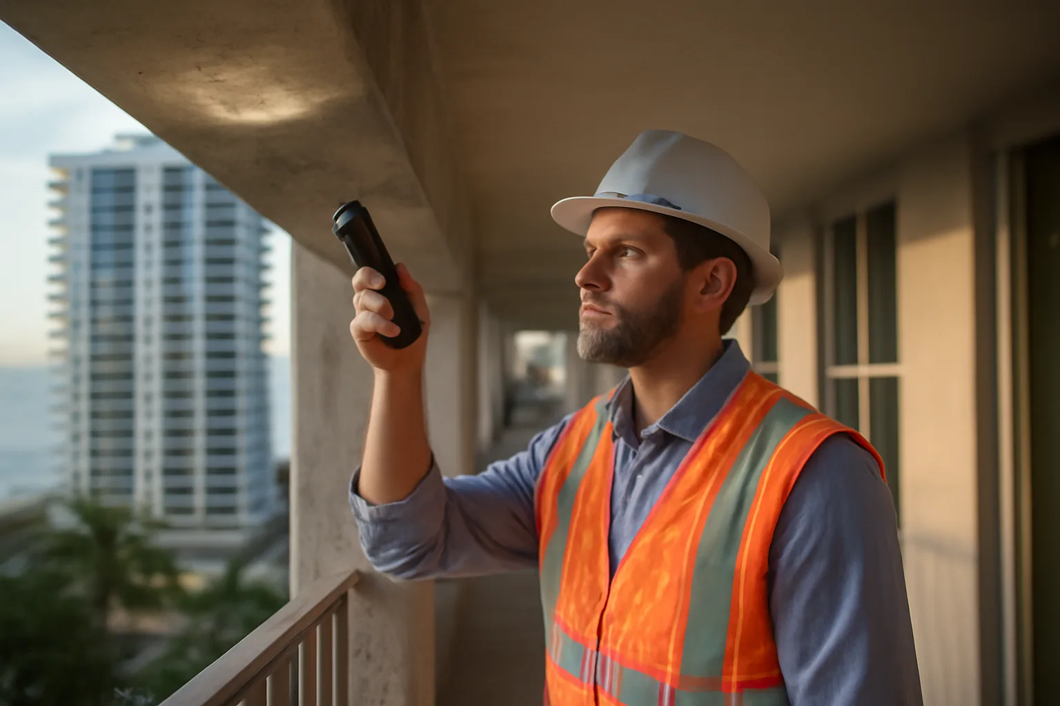 Engineer inspecting concrete structure on a Florida condo building for a reserve study