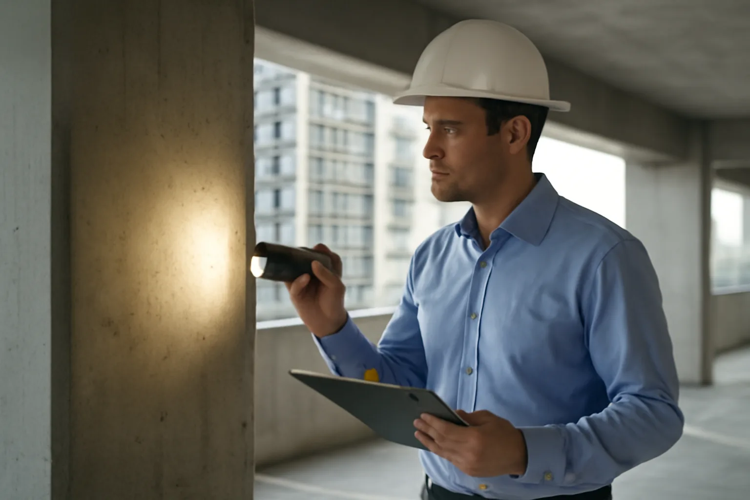 Engineer inspecting a concrete support column during a Tampa condo reserve study inspection