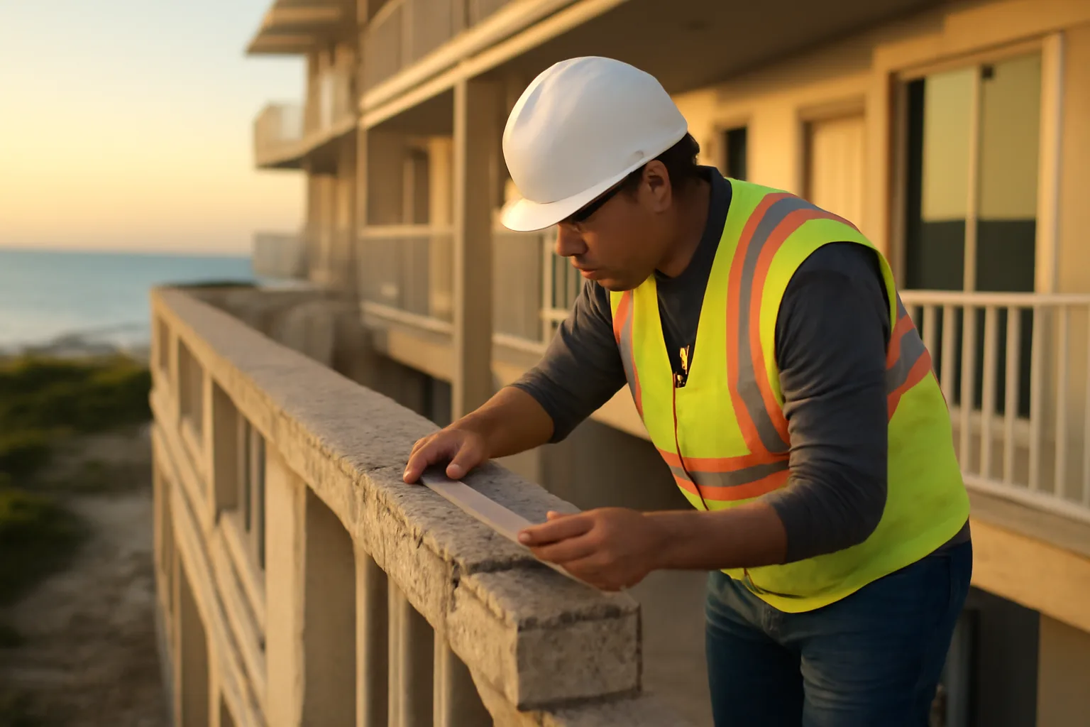 Engineer inspecting concrete structural damage on a Florida condo building for a reserve study