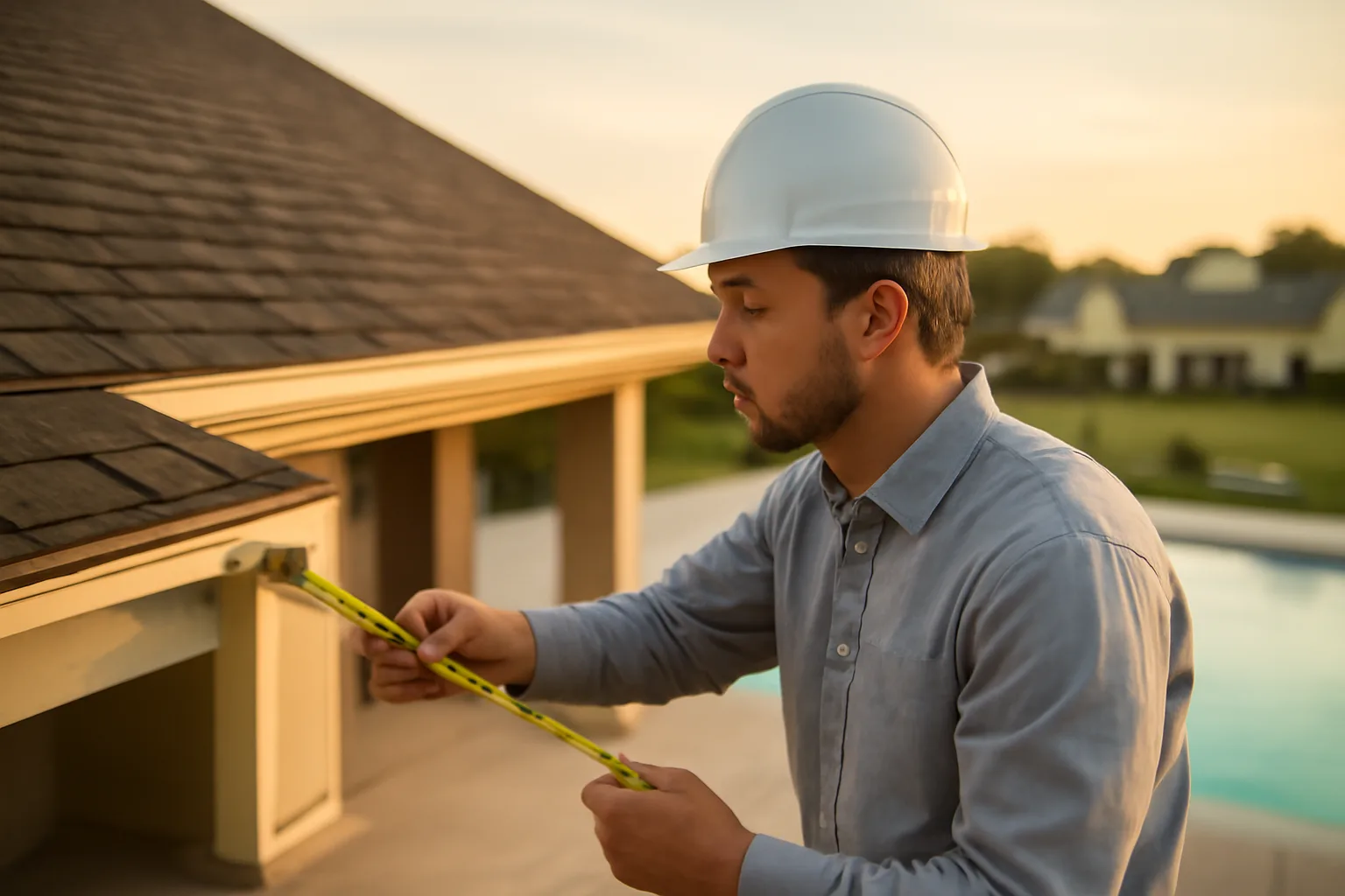 Engineer inspecting an HOA clubhouse roof and pool deck during a reserve study site visit