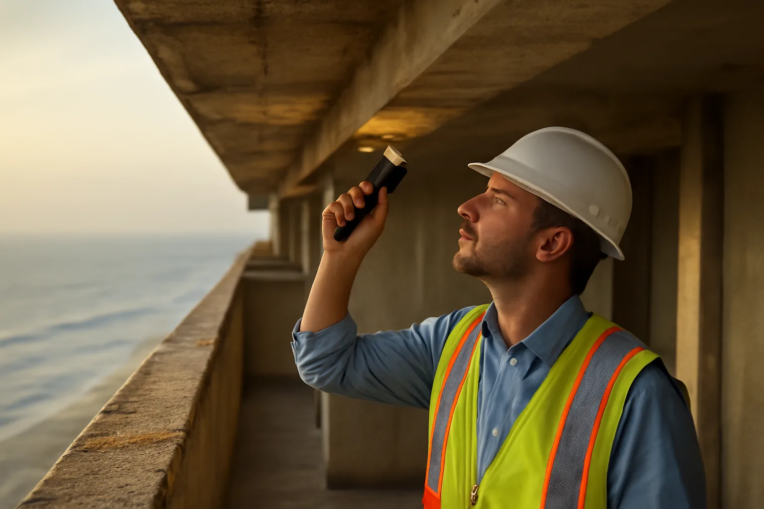 Engineer inspecting concrete balcony structure on a coastal Florida condo building
