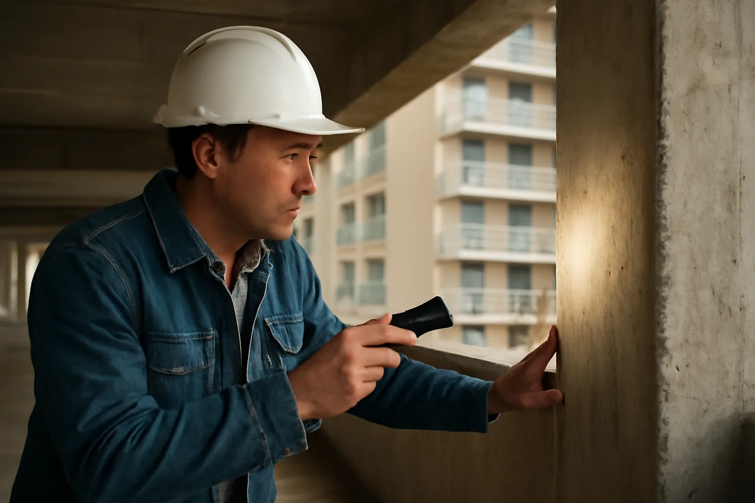 Engineer inspecting a concrete support column beneath a coastal Florida condo building