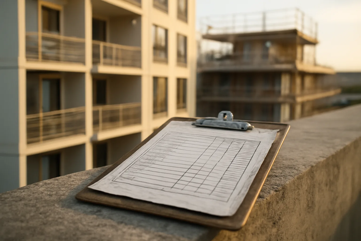 Clipboard and building exterior representing a sample reserve study inspection for a condo association